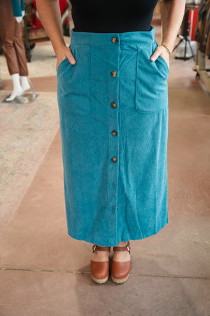 The Kara Button Front Skirt - Blue