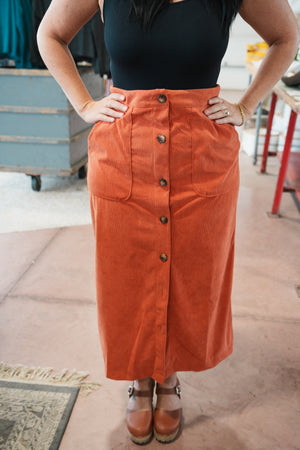 The Kara Button Front Skirt - Burnt Orange